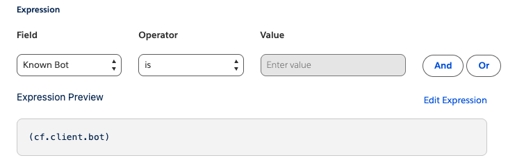 Business Manager custom firewall rule editor with the Known Bot field selected and the expression preview showing cf.client.bot